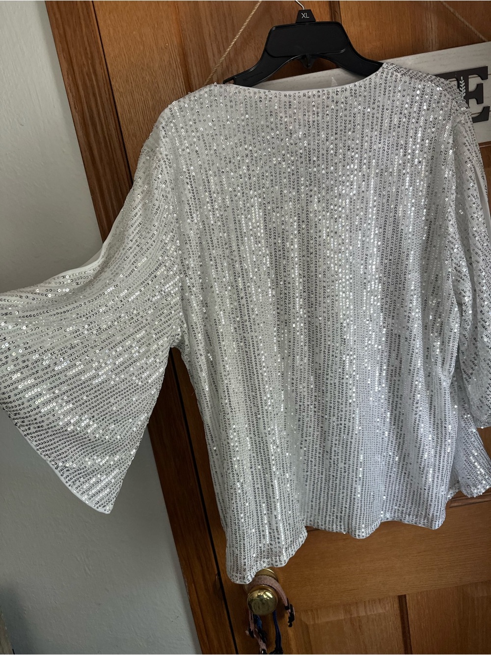 Grace Karin Silver Sequin Draped Sleeve Top